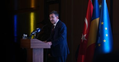  Vice President Cevdet Yılmaz delivers a speech on the occasion of Romania&#039;s National Day, Ankara, Türkiye, Nov. 13, 2024. (AA Photo)