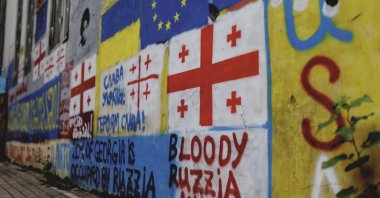Wall paintings for the European Union and against the Russian impact are pictured, Tbilisi, Georgia, Sept. 27, 2024. (Getty Images Photo)