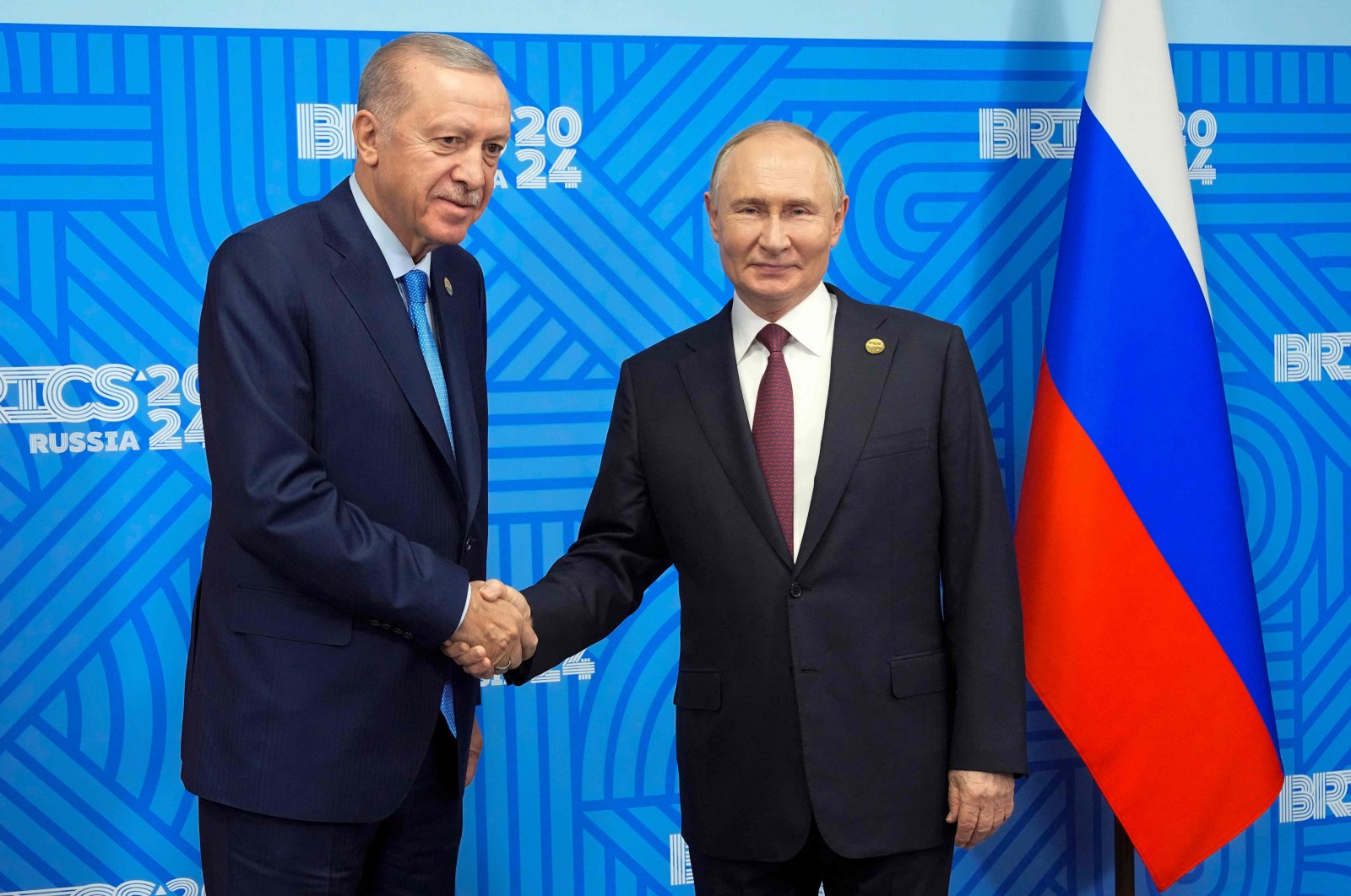 Russian President Vladimir Putin (R) meets with President Recep Tayyip Erdoğan on the sidelines of the BRICS summit, Kazan, Russia, Oct. 23, 2024. (AFP Photo)