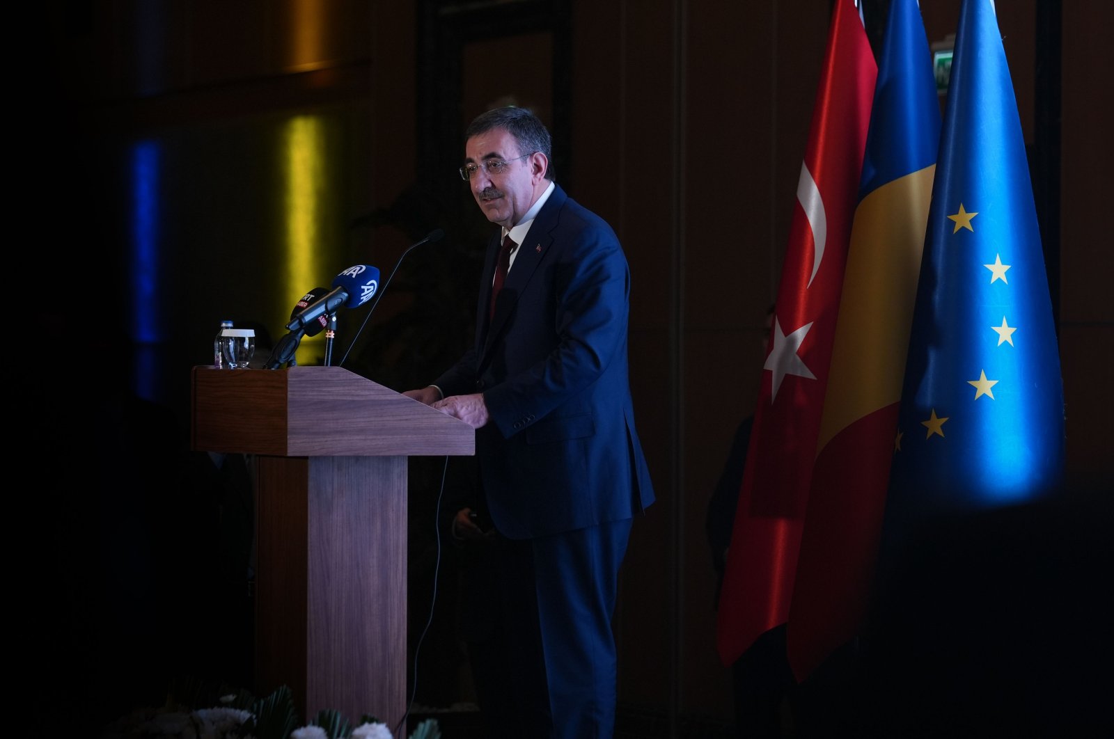  Vice President Cevdet Yılmaz delivers a speech on the occasion of Romania&#039;s National Day, Ankara, Türkiye, Nov. 13, 2024. (AA Photo)