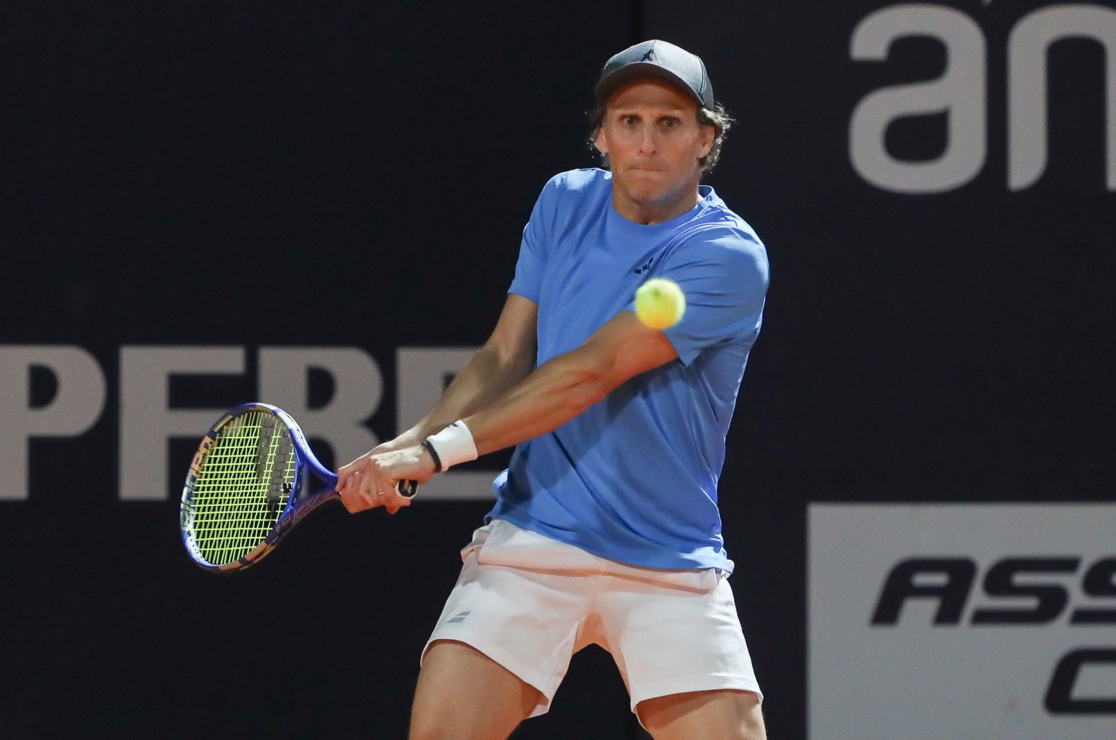 Uruguay&#039;s Diego Forlan returns a ball during a Uruguay Open tennis match of Diego Forlan and Federico Coria against Boris Arias and Federico Zeballos, Montevideo, Uruguay, Nov. 13, 2024. (EPA Photo)