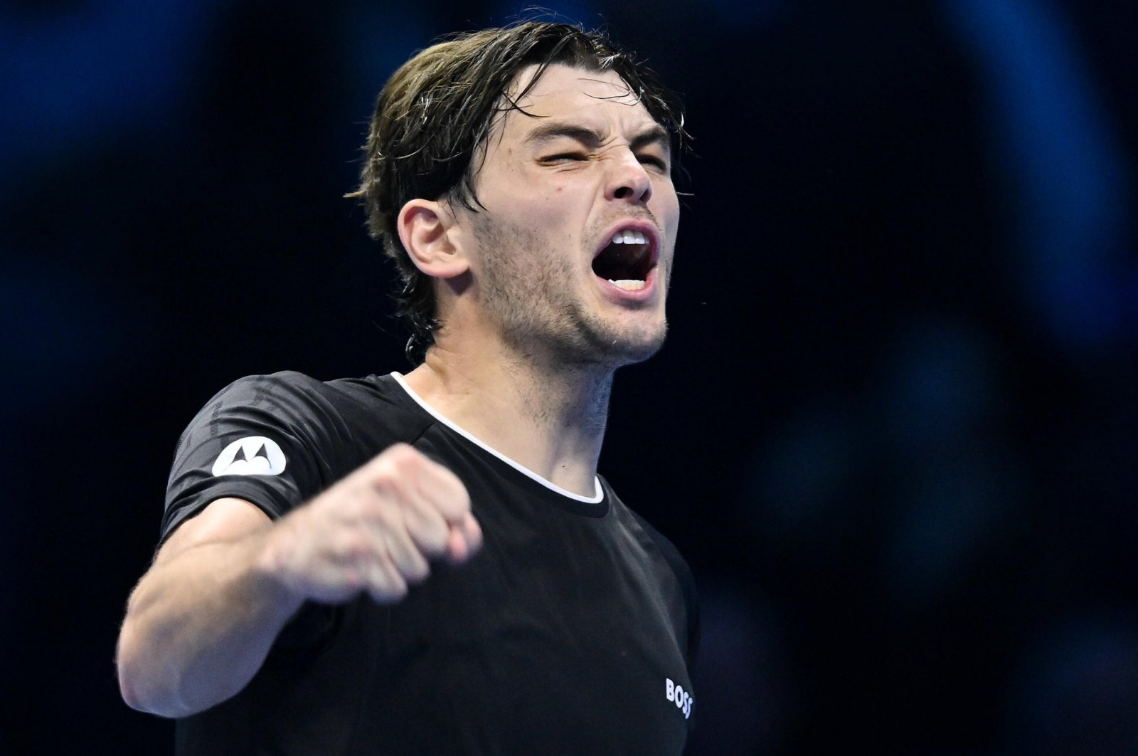 U.S.&#039;s Taylor Fritz celebrates winning his ATP Finals Singles match against Alex de Minaur of Australia, Turin, Italy, Nov. 14, 2024. (EPA Photo)