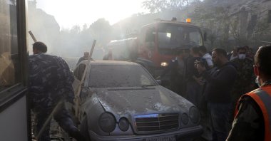 Syrian security forces inspect the damage at the scene of an airstrike in the Al-Mazzeh neighborhood, Damascus, Syria, Nov. 14, 2024. (EPA Photo)