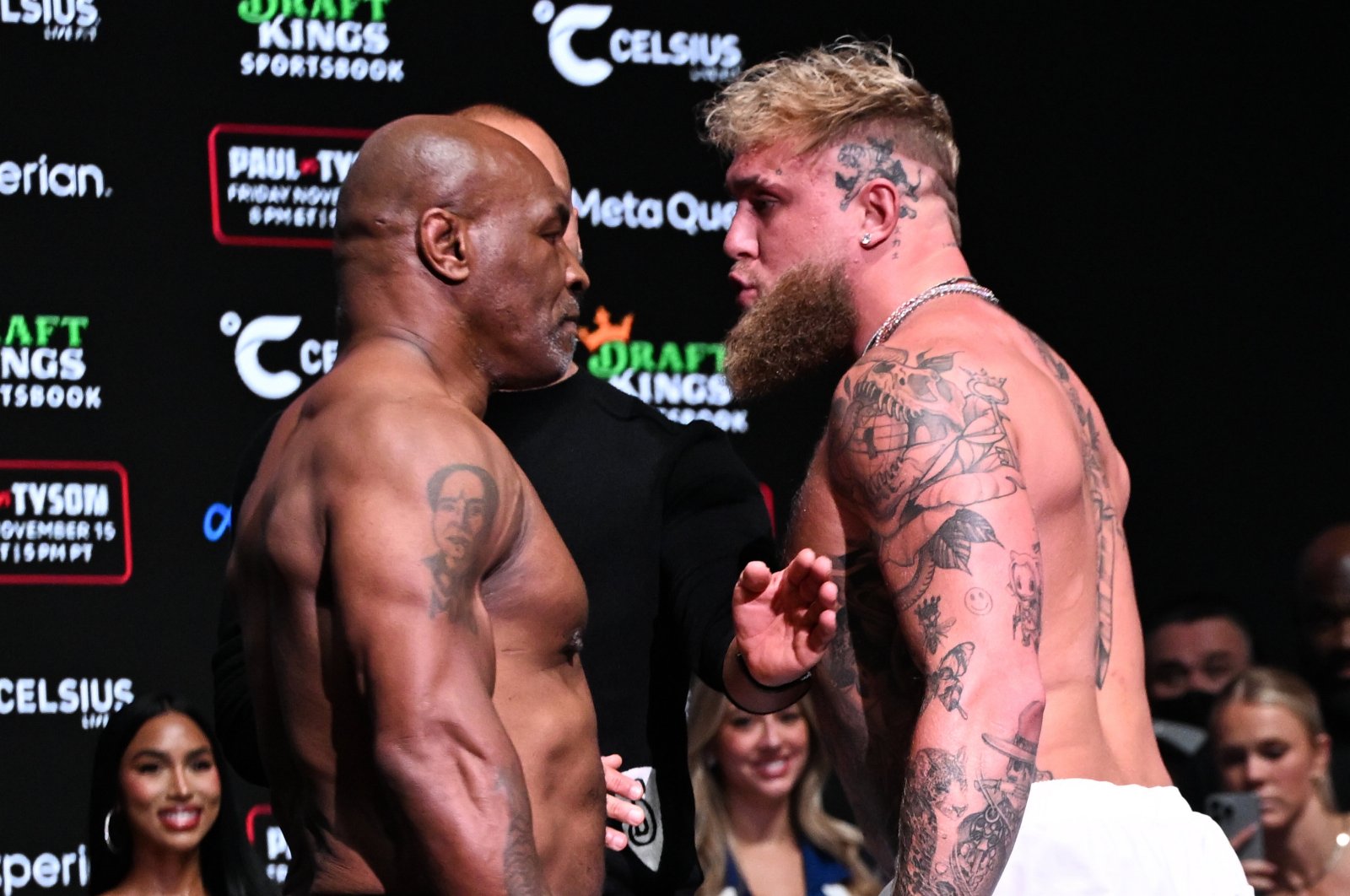 Mike Tyson (L) and Jake Paul face off during their ceremonial weigh-in at The Pavilion at Toyota Music Factory, in Irving, Texas, U.S., Nov. 14, 2024. (AA Photo)