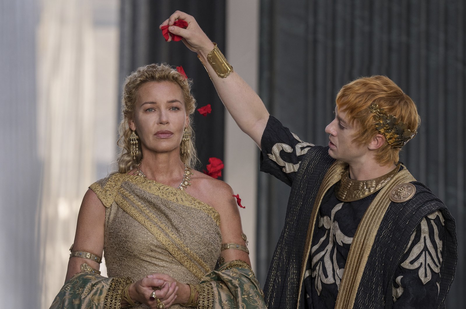 This image released by Paramount Pictures shows Connie Nielsen (L) and Joseph Quinn in a scene from &quot;Gladiator II.&quot;  (AP Photo)