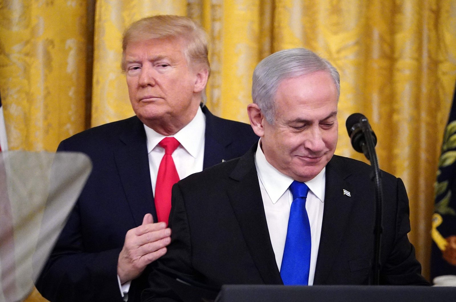 U.S. President Donald Trump and Israeli Prime Minister Benjamin Netanyahu take part in an announcement of Trump&#039;s Middle East peace plan at the White House, Washington, D.C., U.S., Jan. 28, 2020. (AFP Photo)