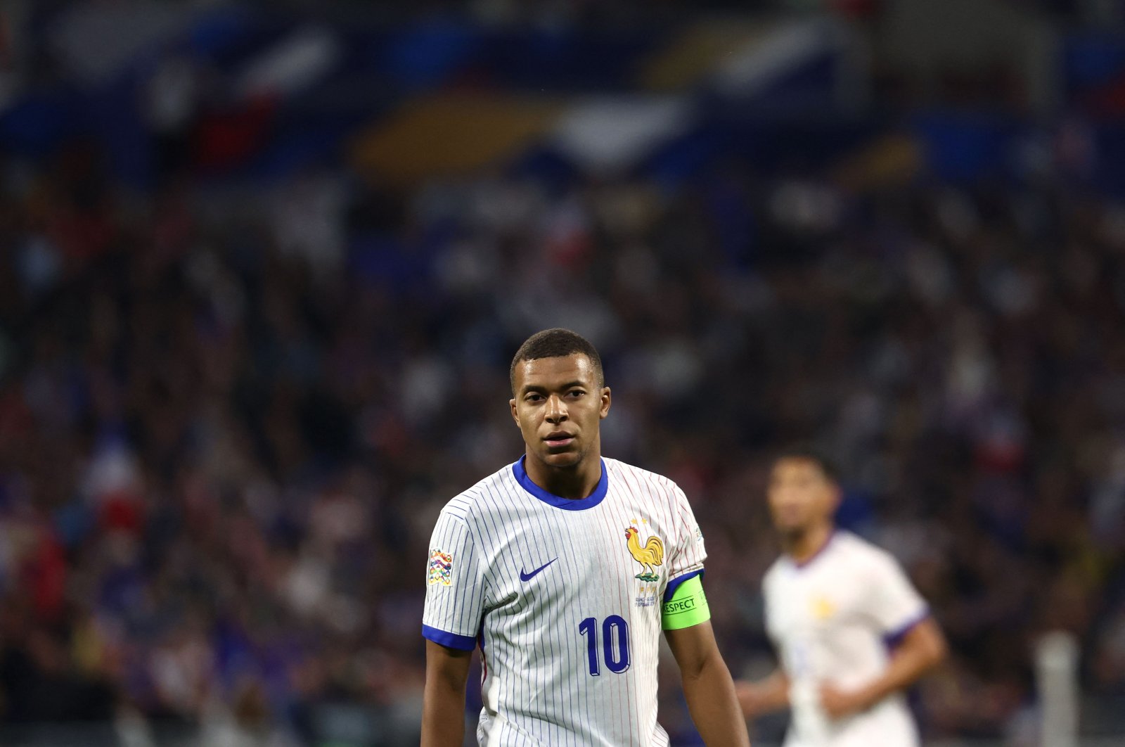 France&#039;s Kylian Mbappe looks on during the UEFA Nations League, League A - Group 2 first leg football match between France and Belgium at the Parc Olympique Lyonnais, Lyon, France, Sept. 9, 2024. (AFP Photo)