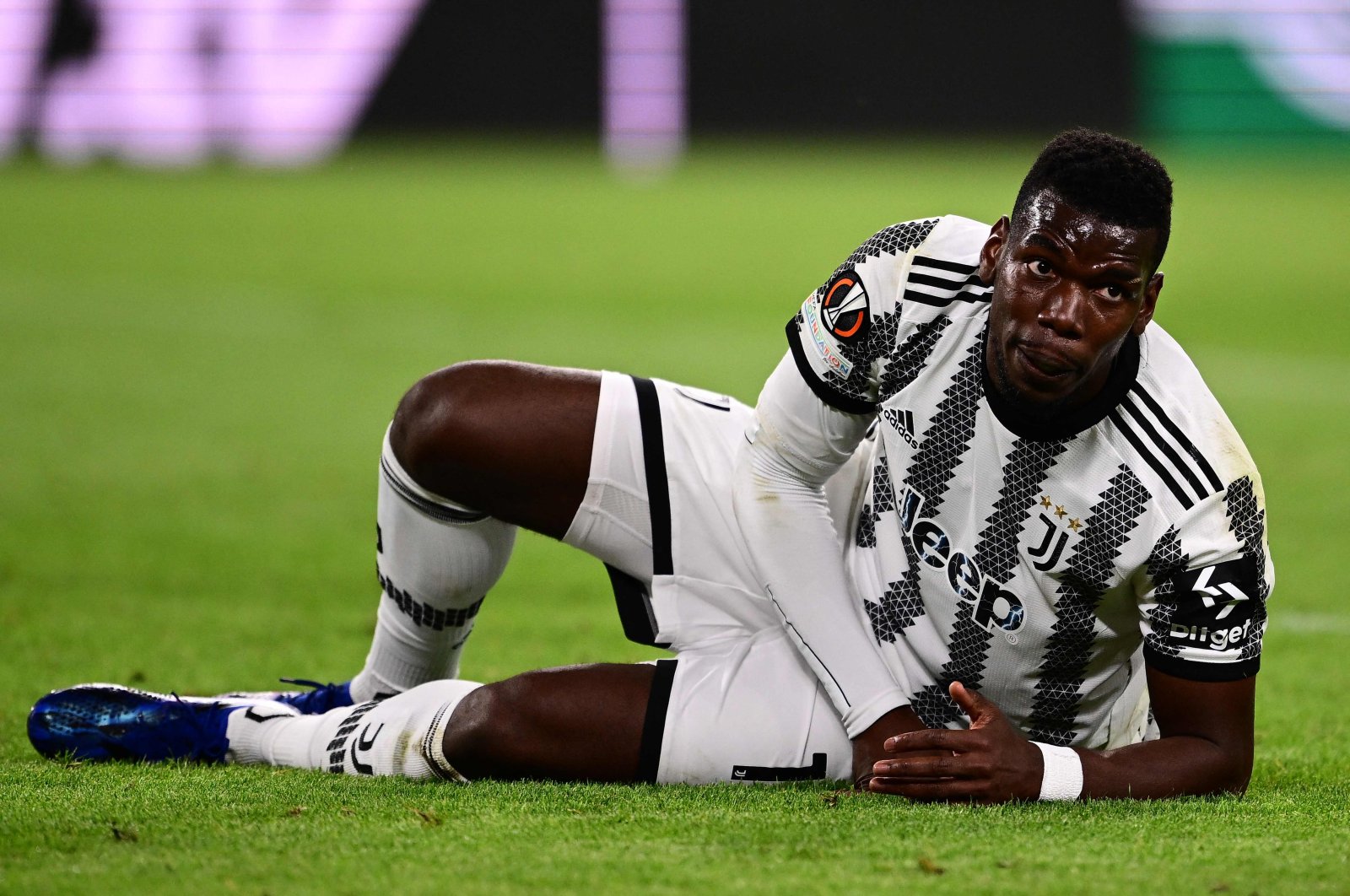 Juventus&#039; French midfielder Paul Pogba reacts after being tackled during the UEFA Europa League semifinal first-leg football match between Juventus and Sevilla, at the Juventus stadium, Turin, Italy, May 11, 2023. (AFP Photo)