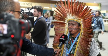 Ninawa Inu Pereira Nunes, president of the Federation of the Huni Kuin indigenous people in Brazil&#039;s state of Acre, gives an interview during the U.N. climate change conference COP29, Baku, Azerbaijan, Nov. 13, 2024. (Reuters Photo)