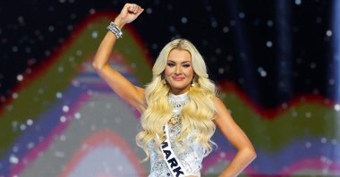 Miss Denmark Victoria Kjaer Theilvig raises her fist on stage during the 73rd Miss Universe pageant in Mexico City, Mexico, Nov. 16, 2024. (Reuters Photo)