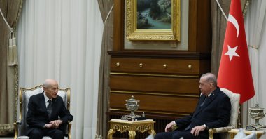 Nationalist Movement Party (MHP) Chairperson Devlet Bahçeli (L) meets President Recep Tayyip Erdoğan at the Presidential Complex, Ankara, Türkiye, Nov. 14, 2024. (İHA Photo)