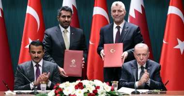 President Recep Tayyip Erdoğan and the emir of Qatar, Sheikh Tamim bin Hamad Al Thani, attend a news conference and ceremony for the agreements, after their meeting at the Presidential Palace, Ankara, Türkiye, Nov. 14, 2024. (AA Photo)