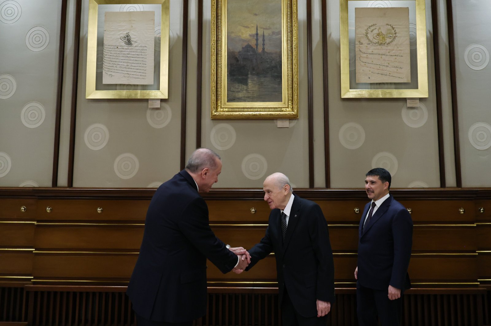 President Recep Tayyip Erdoğan receives Nationalist Movement Party (MHP) Chairperson Devlet Bahçeli at the Presidential Complex, Ankara, Türkiye, Nov. 14, 2024. (AA Photo)