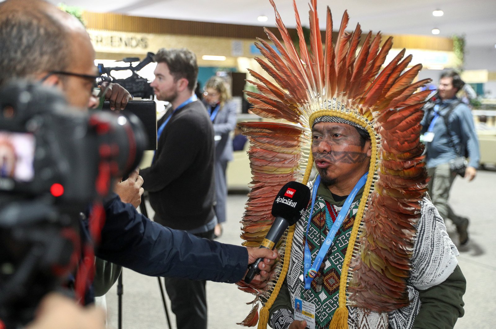 Ninawa Inu Pereira Nunes, president of the Federation of the Huni Kuin indigenous people in Brazil&#039;s state of Acre, gives an interview during the U.N. climate change conference COP29, Baku, Azerbaijan, Nov. 13, 2024. (Reuters Photo)