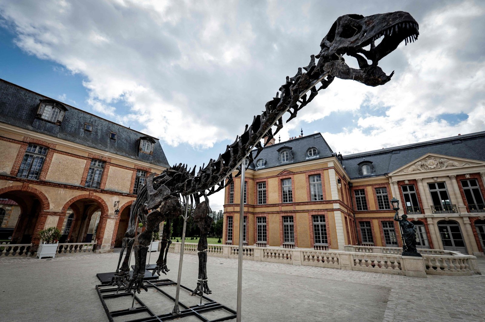 An Apatosaurus dinosaur skeleton named &quot;Vulcain&quot;, displayed at the Dampierre castle prior to an auction in Dampierre-en-Yvelines, south of Paris, France, July 10, 2024. (AFP Photo)