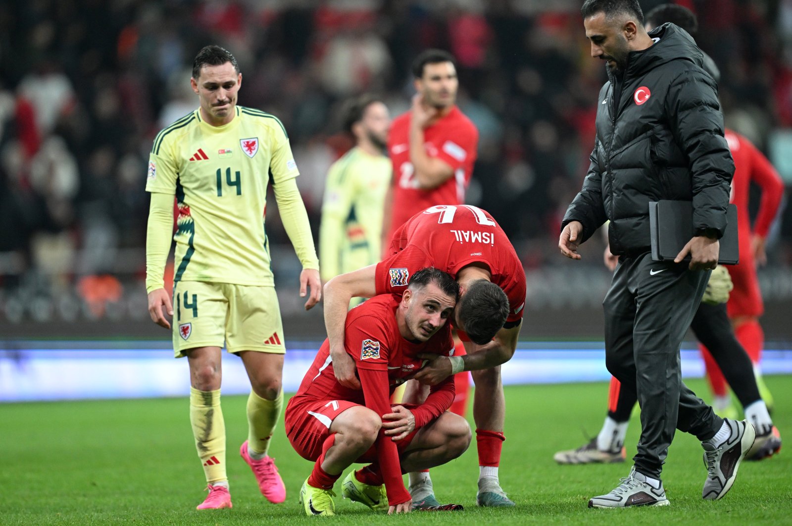 Kerem Aktürkoğlu of Türkiye cries after missing a late penalty in Nations League match against Wales, in Kayseri, central Türkiye, Nov. 16, 2024. (AA Photo)