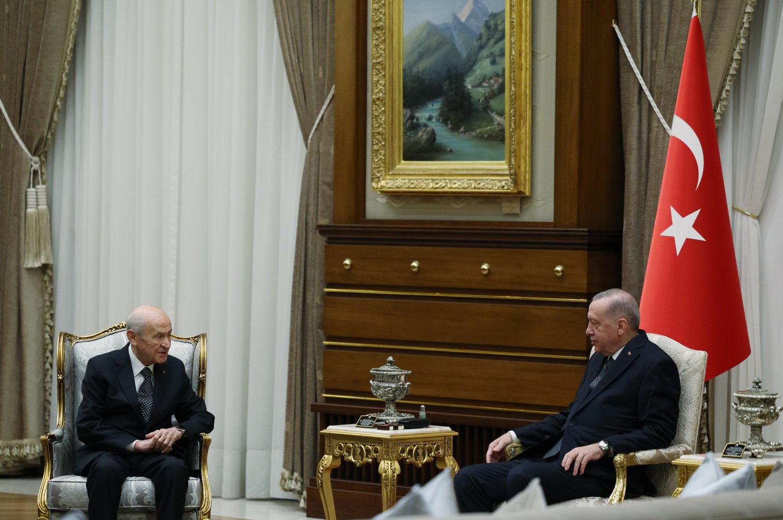 Nationalist Movement Party (MHP) Chairperson Devlet Bahçeli (L) meets President Recep Tayyip Erdoğan at the Presidential Complex, Ankara, Türkiye, Nov. 14, 2024. (İHA Photo)