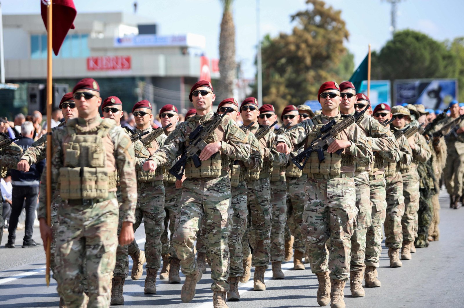 Turkish soldiers march during a military parade, Lefkoşa (Nicosia), TRNC, Nov. 15, 2024. (AFP Photo)