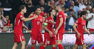 Türkiye players celebrate during the UEFA Nations League 2024/25 League B Group B4 match against Montenegro, Samsun, Türkiye, Oct. 11, 2024. (Getty Images Photo)