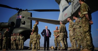 British Defense Secretary John Healey visits the Royal Air Force Akrotiri military airbase to meet troops, confirming British forces were involved in efforts to side with Israel, Akrotiri, southern Cyprus, Oct. 2, 2024. (Getty Images Photo)