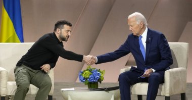 U.S. President Joe Biden (R) and Ukraine's President Volodymyr Zelenskyy shake hands at a bilateral meeting during the NATO Summit, Washington, DC, U.S., July 11, 2024. (Getty Images Photo)