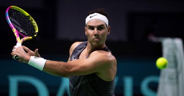 Spain's tennis player Rafael Nadal returns the ball during a training session ahead of the Davis Cup tennis tournament at the Martin Carpena Sportshall, Malaga, Spain, Nov. 16, 2024. (AFP Photo)