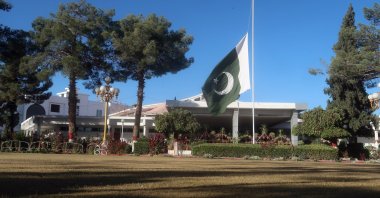 A Pakistani flag flies half-mast at a provincial assembly building after the government announced a 3-day mourning following a suicide bombing at a railway station in Quetta, the provincial capital of restive Balochistan province, Pakistan, Nov. 11, 2024. (EPA Photo)