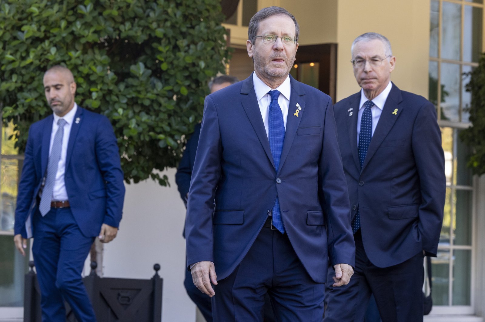 Israeli President Isaac Herzog (C) arrives to deliver a statement to the media in Washington D.C., U.S., Nov. 12, 2024. (EPA Photo)