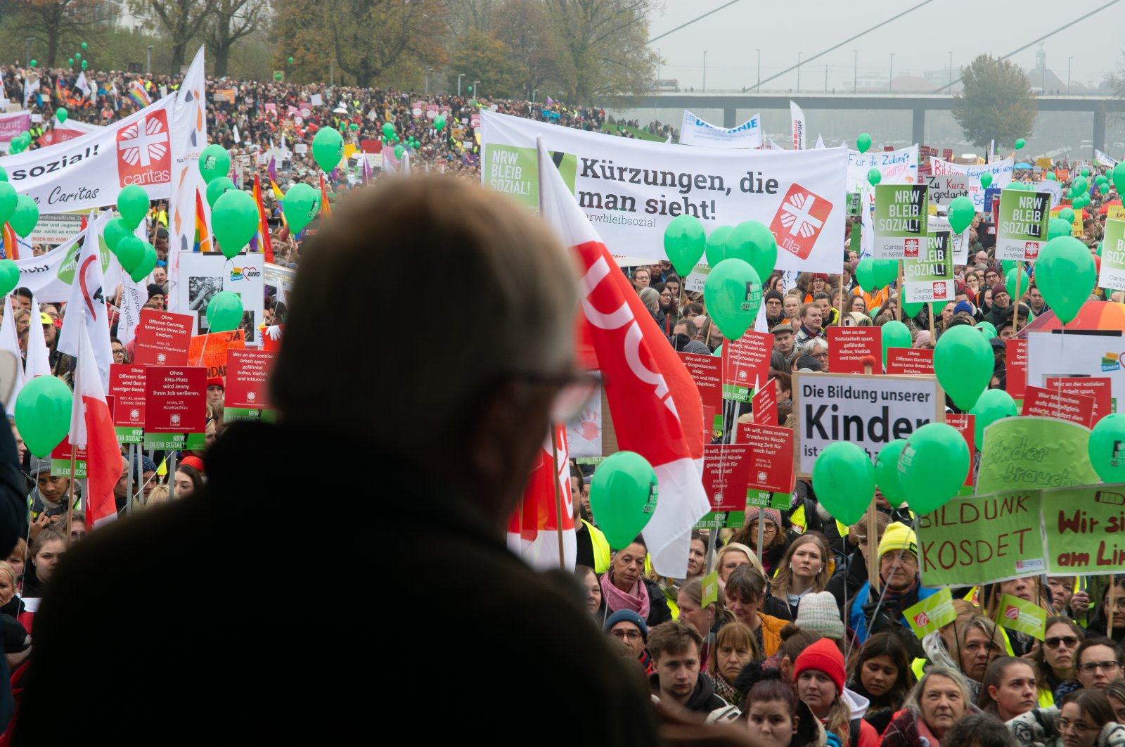 Karl-Josef Laumann, the state minister of labor, health and social affairs in North Rhine-Westphalia, speaks to the protesters as thousands of public sector workers rally against state government budget cuts on public sectors, Duesseldorf, Germany, Nov. 13, 2024. (Getty Images Photo)