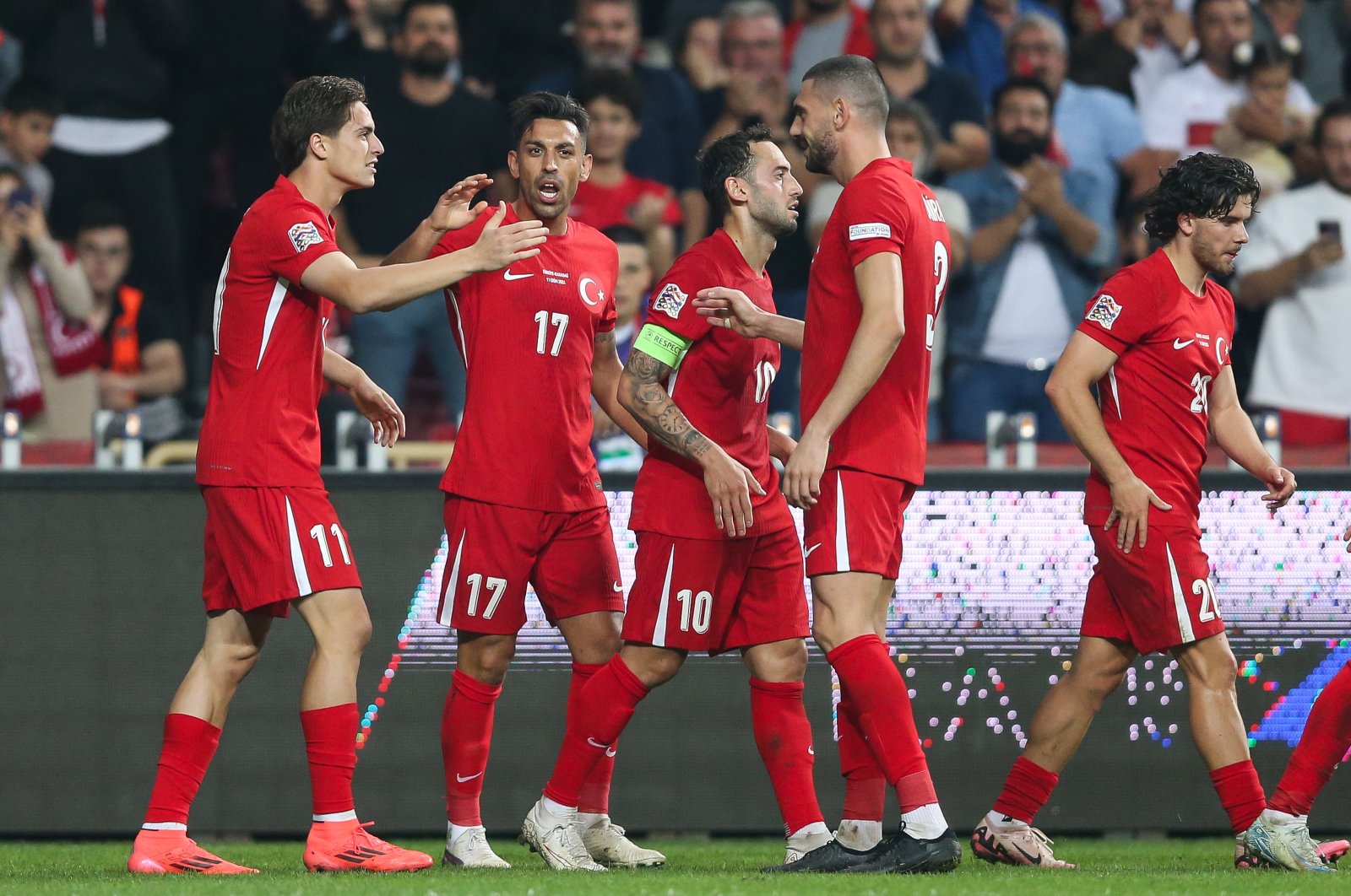 Türkiye players celebrate during the UEFA Nations League 2024/25 League B Group B4 match against Montenegro, Samsun, Türkiye, Oct. 11, 2024. (Getty Images Photo)