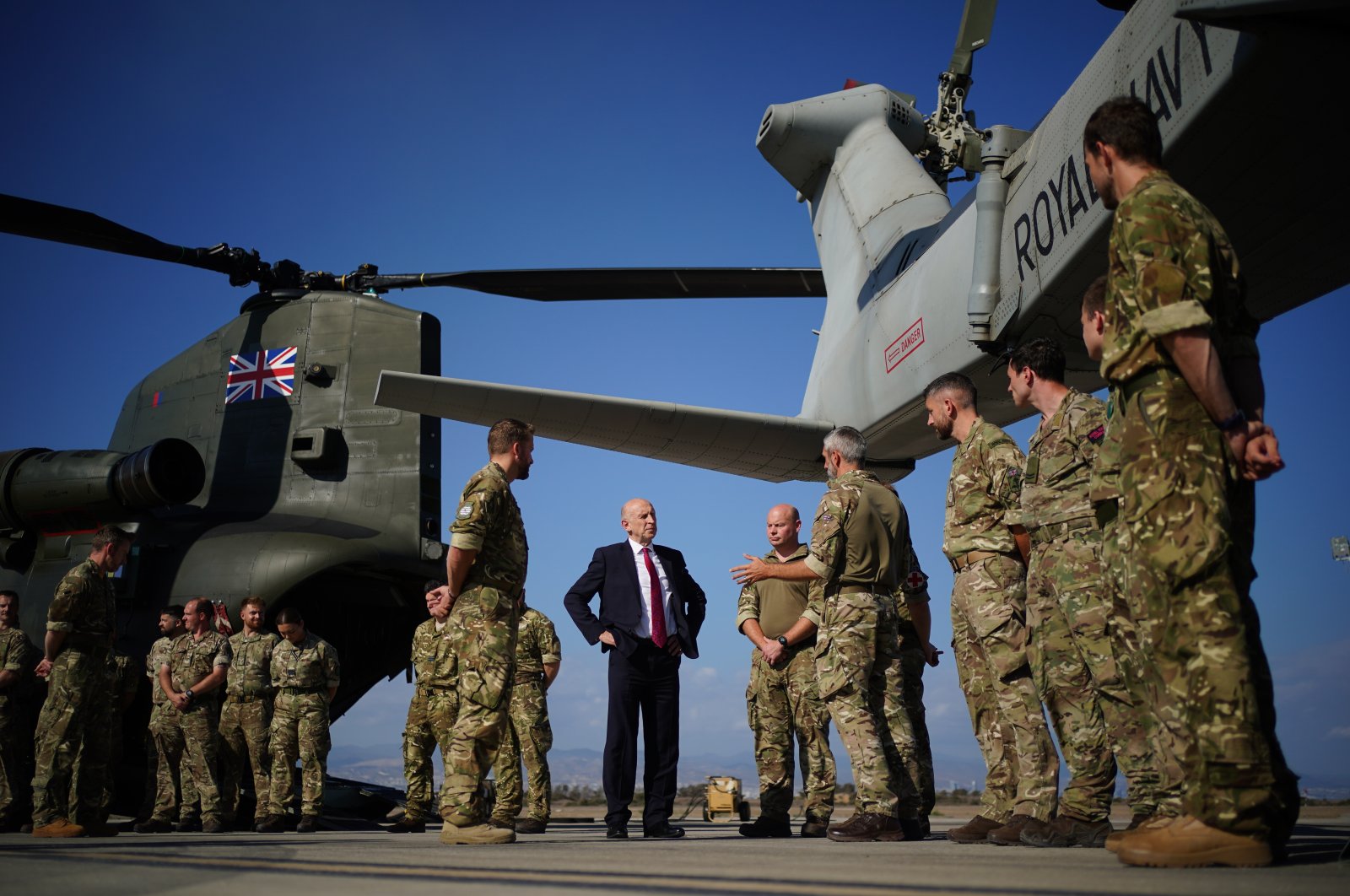 British Defense Secretary John Healey visits the Royal Air Force Akrotiri military airbase to meet troops, confirming British forces were involved in efforts to side with Israel, Akrotiri, southern Cyprus, Oct. 2, 2024. (Getty Images Photo)