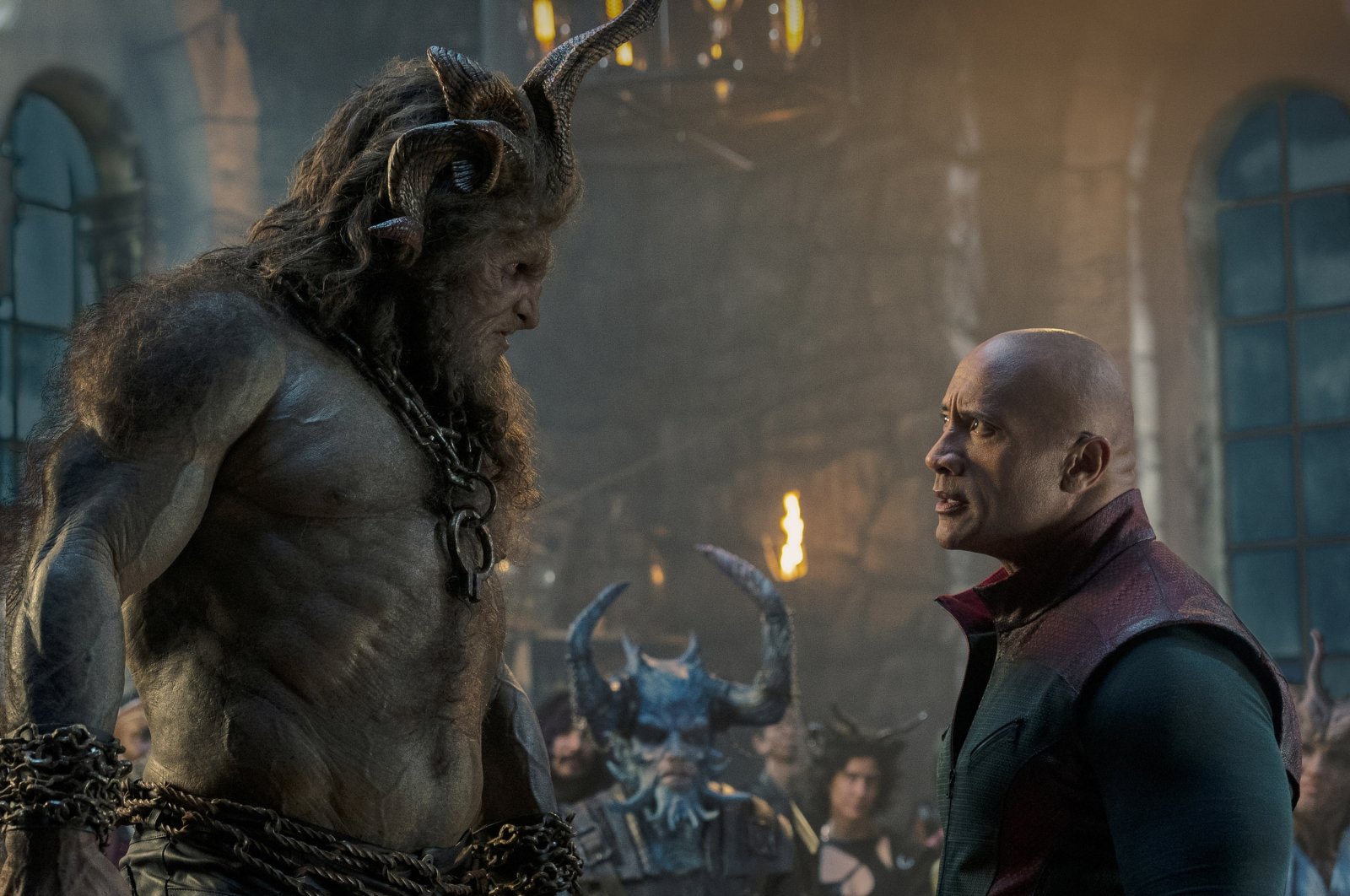 This image released by Prime shows Kristofer Hivju (L) and Dwayne Johnson in a scene from &quot;Red One.&quot; (AP Photo)