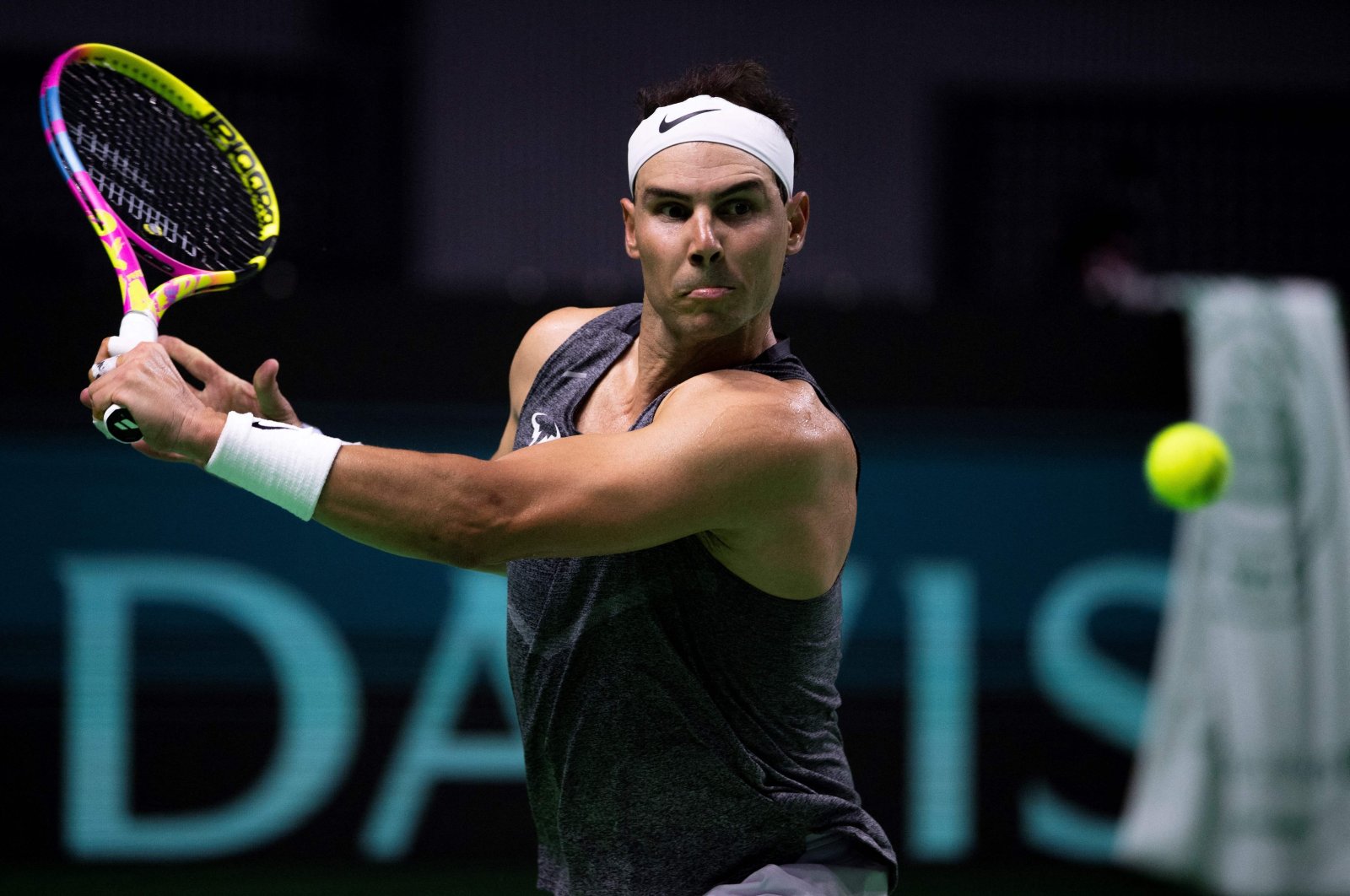 Spain&#039;s tennis player Rafael Nadal returns the ball during a training session ahead of the Davis Cup tennis tournament at the Martin Carpena Sportshall, Malaga, Spain, Nov. 16, 2024. (AFP Photo)