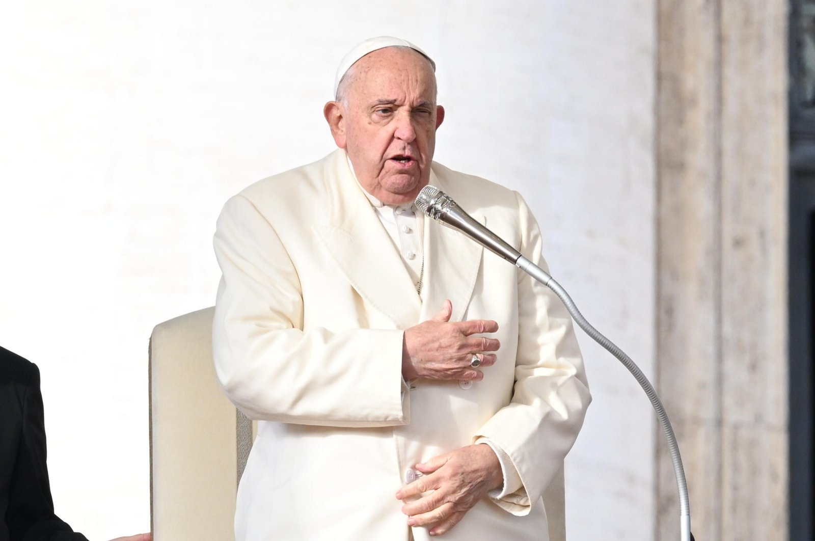 Pope Francis addresses the crowd during his weekly General Audience in Saint Peter&#039;s Square, Vatican City, Nov. 13, 2024. (EPA Photo)