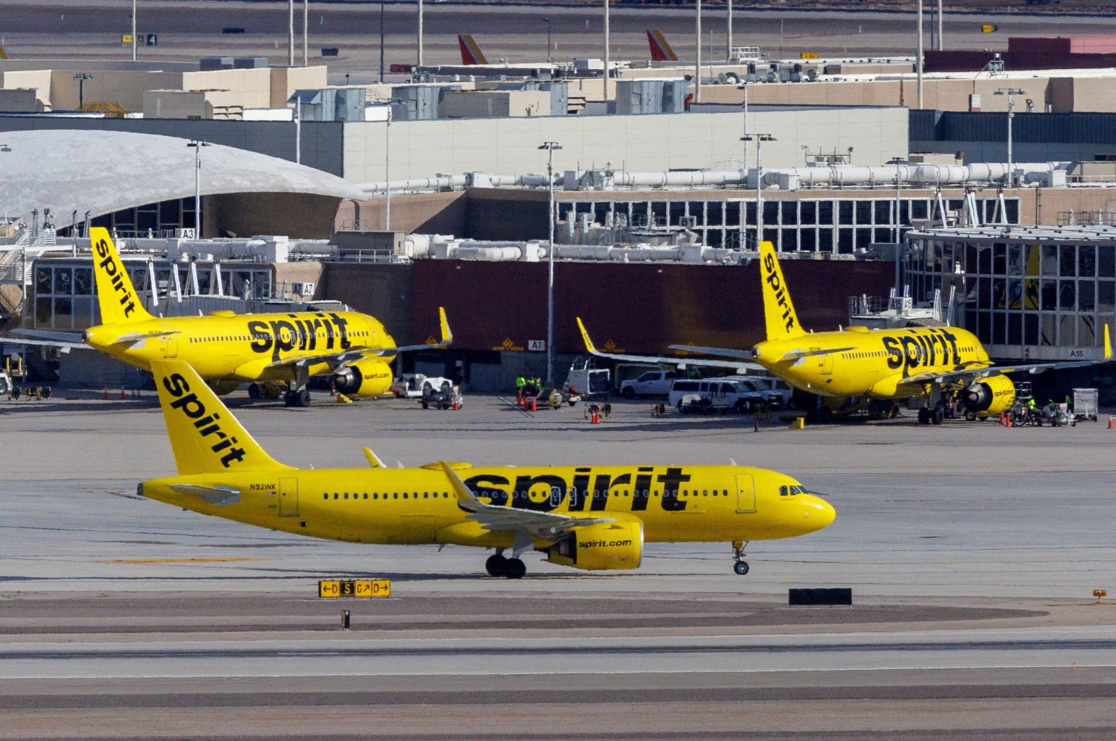 Spirit Airlines commercial airliners are shown at Las Vegas International Airport in Las Vegas, Nevada, U.S., Feb. 8, 2024. (Reuters Photo)