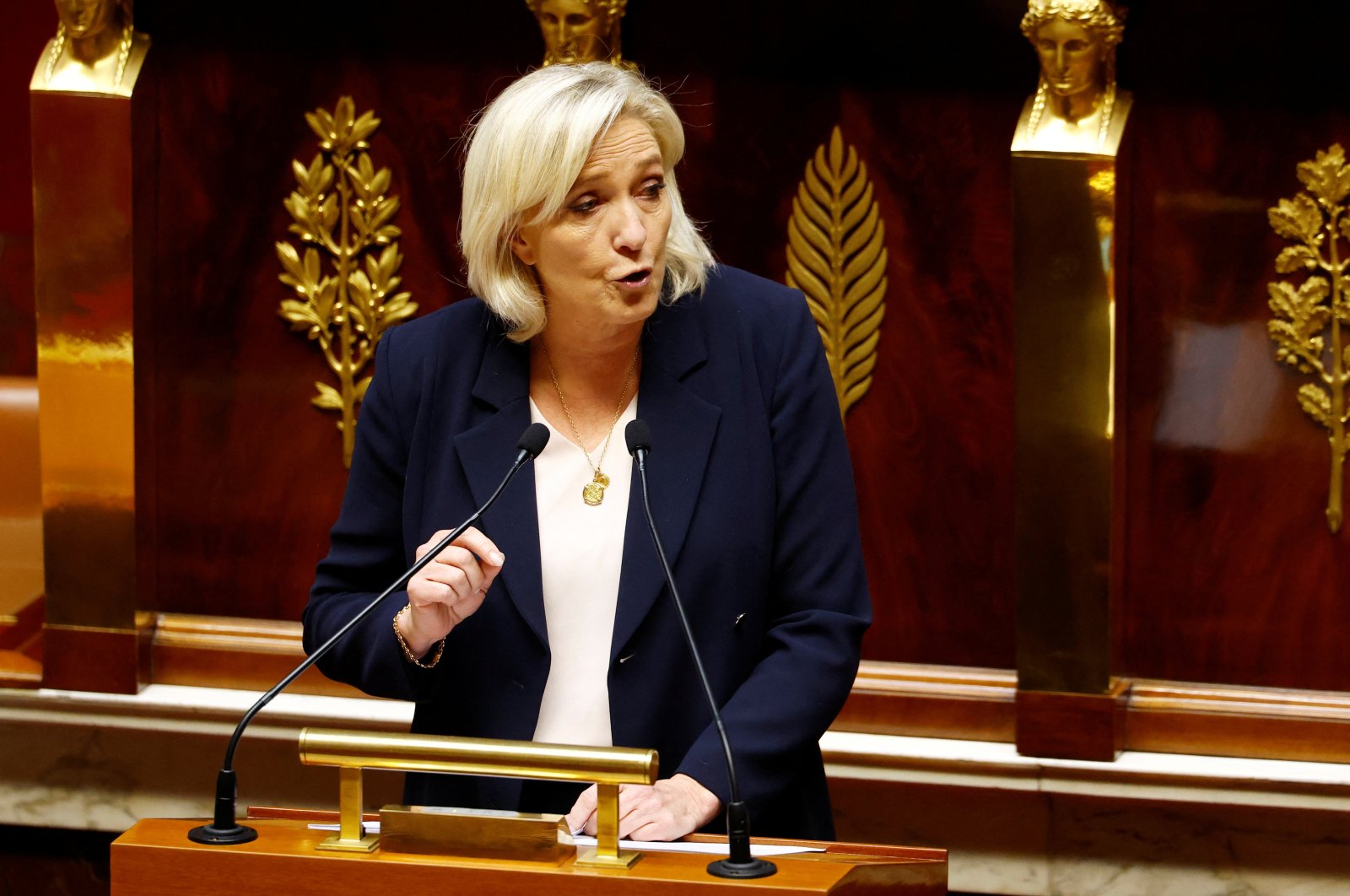 French far-right leader and member of parliament Marine Le Pen, President of the French far-right National Rally (Rassemblement National - RN) party parliamentary group, delivers a speech during a debate session on the first part of the 2025 budget bill (PLF) at the National Assembly in Paris, France, Oct. 22, 2024. (Reuters Photo)