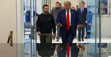 Ukrainian President Volodymyr Zelenskyy (L) and Republican presidential nominee, former U.S. President Donald Trump, gather for a meeting during Zelenskyy&#039;s visit to New York for the U.N. General Assembly, New York, U.S., Sept. 27, 2024. in New York City. (Getty Images Photo)
