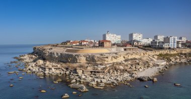 Aerial of the sandstone cliffs and promenade in Aktau, Caspian Sea, Kazakhstan, April 15, 2024. (Getty Images Photo)