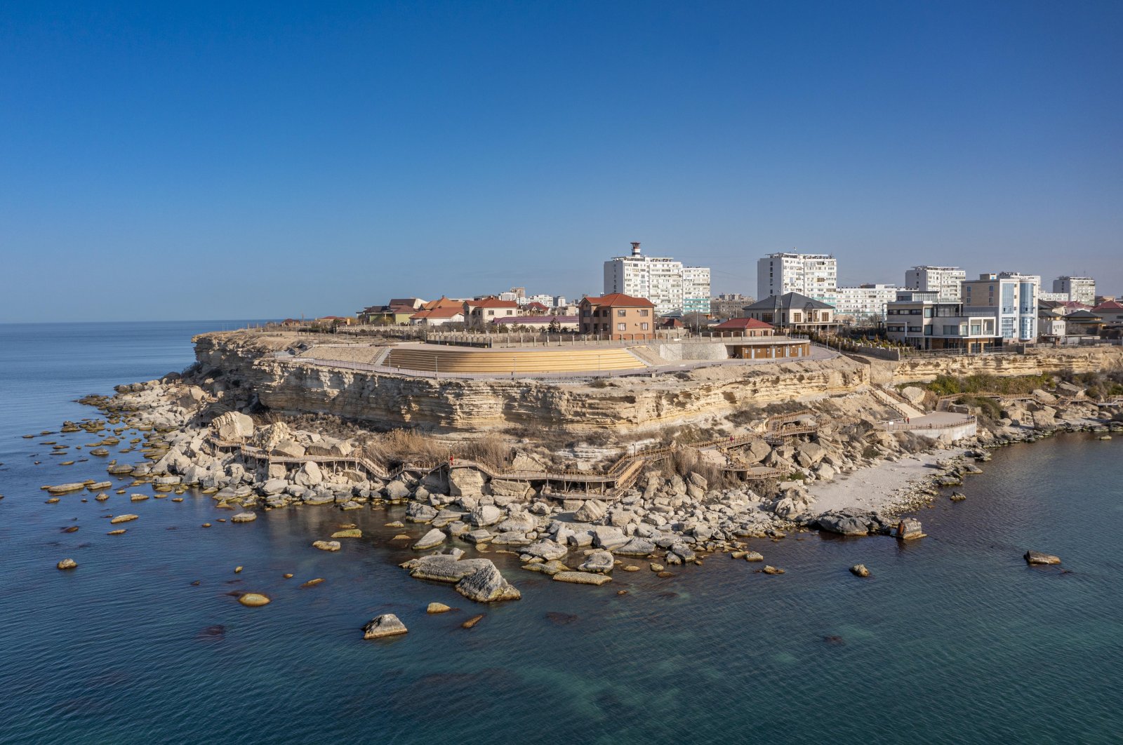 Aerial of the sandstone cliffs and promenade in Aktau, Caspian Sea, Kazakhstan, April 15, 2024. (Getty Images Photo)