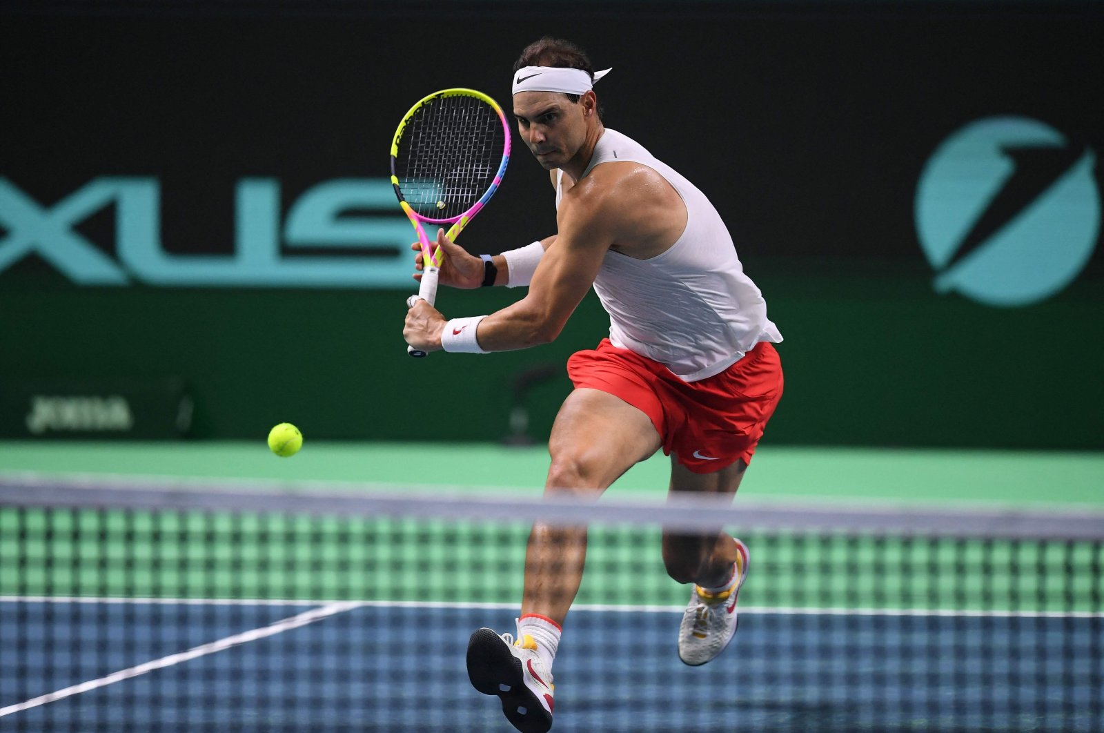 Spain&#039;s Rafael Nadal trains ahead of the Davis Cup tennis tournament finals, at the Palacio de Deportes Jose Maria Martin Carpena, Malaga, Spain, Nov. 18, 2024. (AFP Photo)