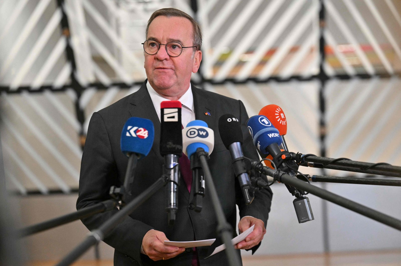 German Defense Minister Boris Pistorius speaks to the press as he arrives for a meeting of EU Defense Ministers in Brussels, Belgium, Nov. 19, 2024. (AFP Photo)