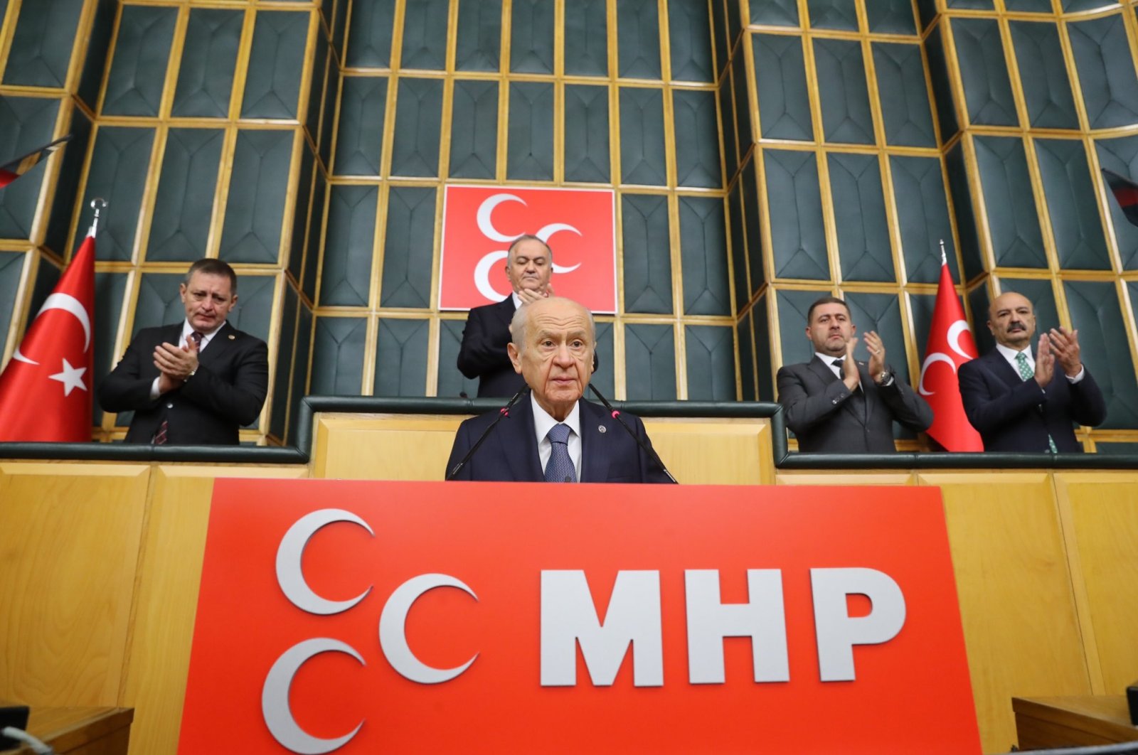 Nationalist Movement Party (MHP) leader Devlet Bahçeli speaks at his party&#039;s parliamentary group meeting, in the capital Ankara, Türkiye, Nov. 19, 2024. (DHA Photo)