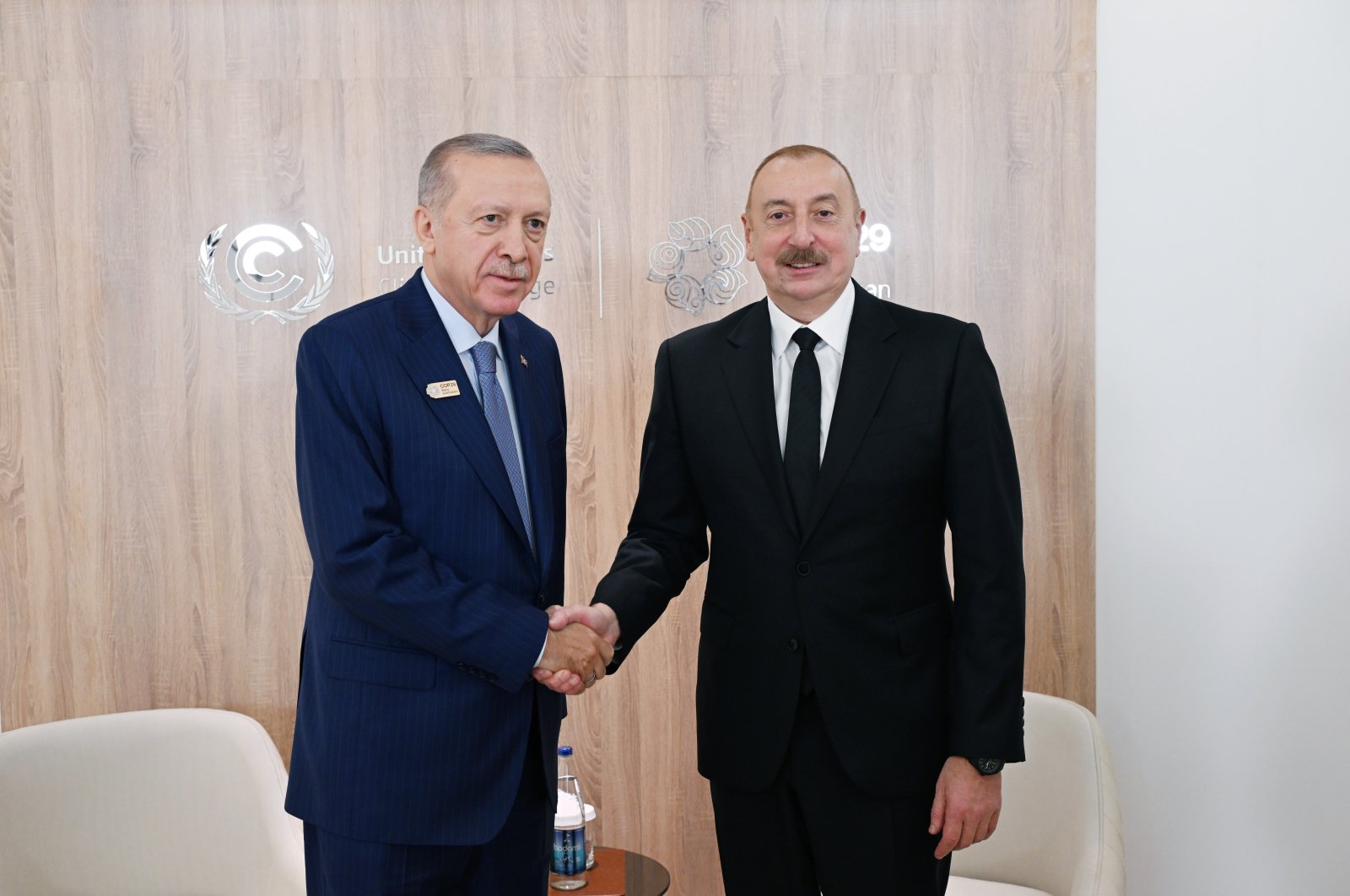 President Recep Tayyip Erdoğan and Azerbaijan President Ilham Aliyev meet on the sidelines of the U.N. Climate Change Conference COP29 in Baku, Azerbaijan, Nov. 12, 2024. (IHA Photo)