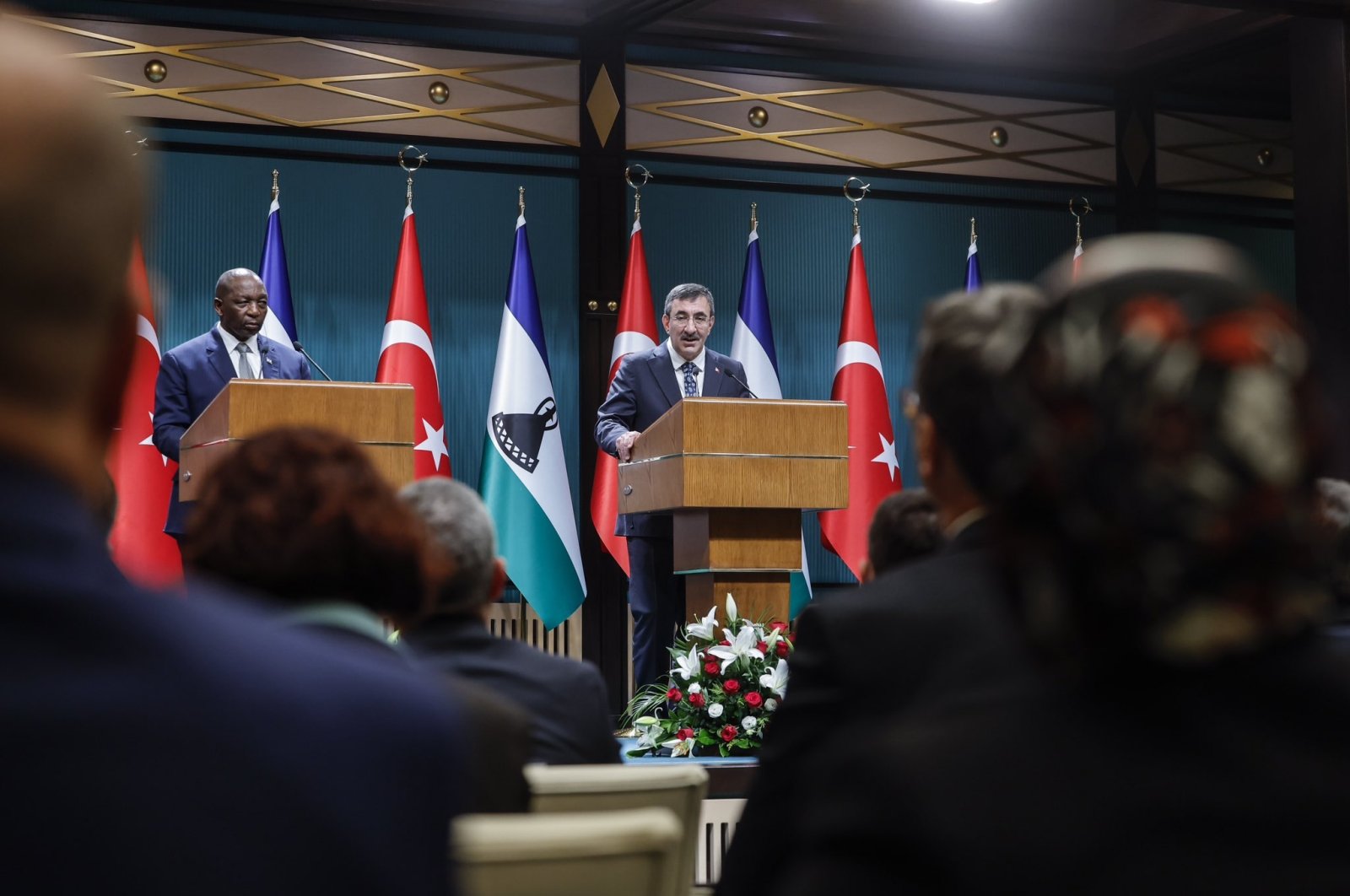 Vice President Cevdet Yılmaz (R) holds a joint news conference with Prime Minister of Lesotho Samuel Ntsokoane Matekane, Ankara, Türkiye, Nov. 19, 2024. (DHA Photo)