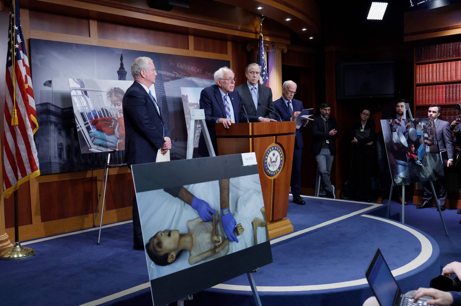 U.S. Sen. Bernie Sanders (I-VT), joined by fellow senators U.S. Sen. Chris Van Hollen (D-MD), U.S. Sen. Jeff Merkley (D-OR) and U.S. Sen. Peter Welch (D-VT), speaks at a news conference on restricting arms sales to Israel at the U.S. Capitol on November 19, 2024 in Washington, DC. Sanders held the news conference to discuss Wednesday&#039;s Senate floor vote on a Joint Resolutions of Disapproval (JRD) to block the sale of certain offensive arms to Israel.  (AFP Photo)