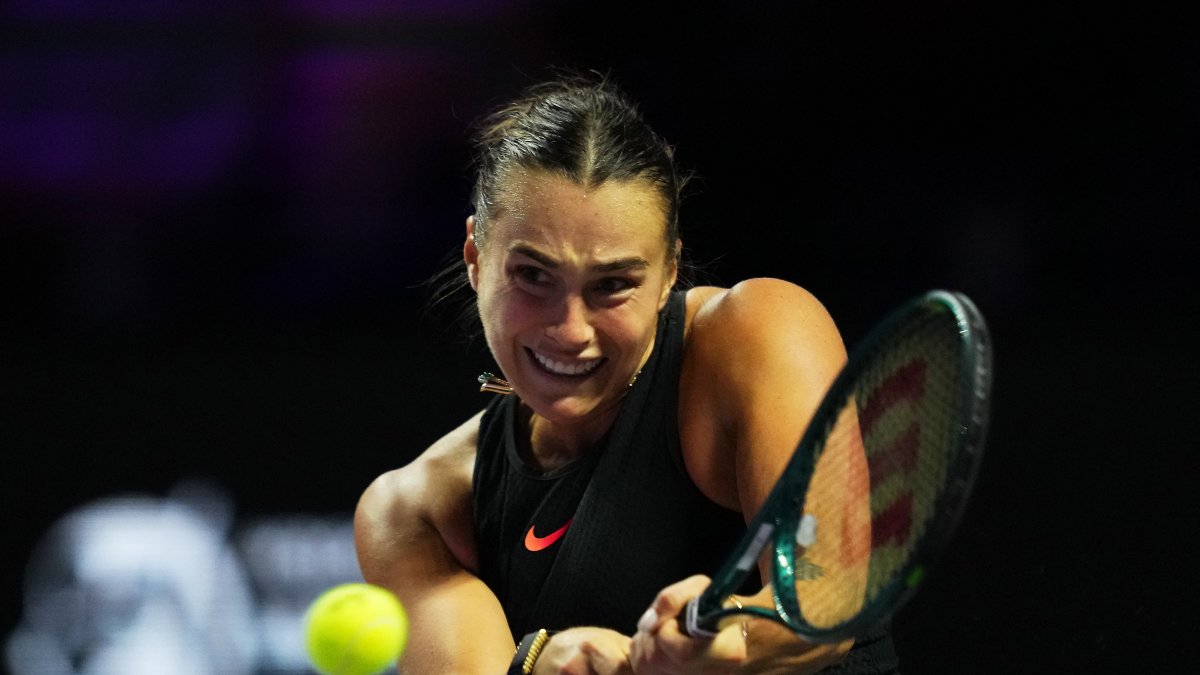 Belarus&#039; Aryna Sabalenka in action during her WTA Finals women&#039;s singles semifinal match against Coco Gauff of the U.S. at the King Saud University Indoor Arena, Riyadh, Saudi Arabia, Nov. 8, 2024. (Reuters Photo)