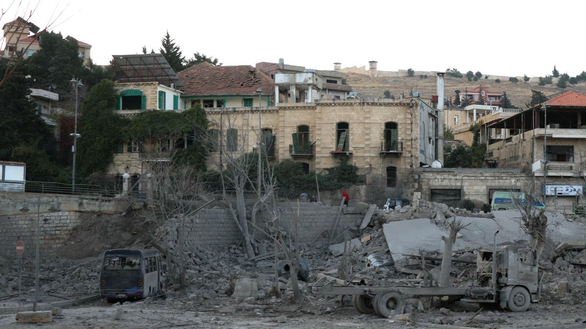 This picture shows the destruction at the site of an Israeli airstrike that targeted the ancient city of Baalbek in Lebanon&#039;s eastern Bekaa Valley with the 19th century historic Palmyra hotel in the background, Nov. 7, 2024. (AFP Photo)