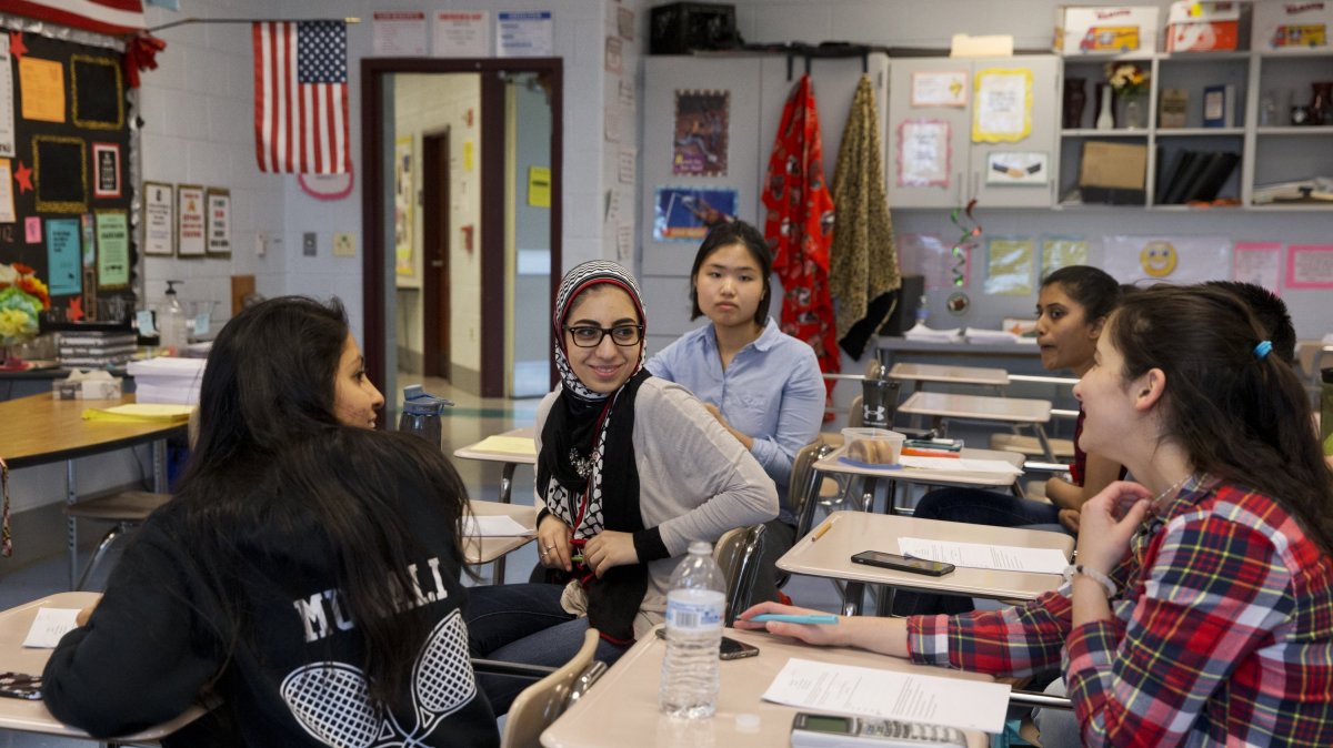 In this file photo, students chat in class before an after-hours study session for their math final at Northwest High School in Germantown, Maryland, U.S., May 10, 2016. (AP File Photo)