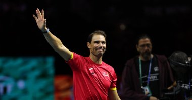 Spain&#039;s Rafael Nadal waves during a tribute to his career at the end of the quarterfinal doubles match between the Netherlands and Spain during the Davis Cup, Malaga, Spain, Nov. 19, 2024. (AFP Photo)