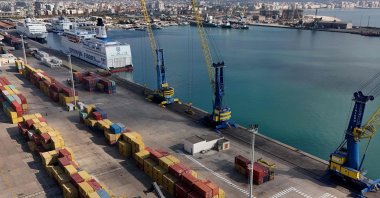 An aerial photo shows Albania's largest seaport of Durres, Albania, Oct. 28, 2024. (AFP Photo)